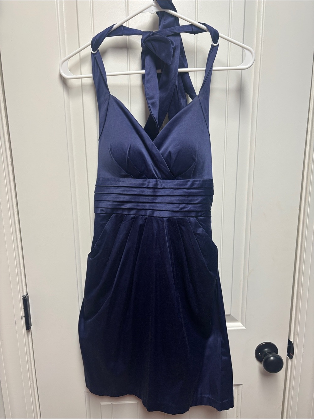 Snap Deep Purple Halter Satin Dress with Ruched Waist and pockets size 7 Y2K